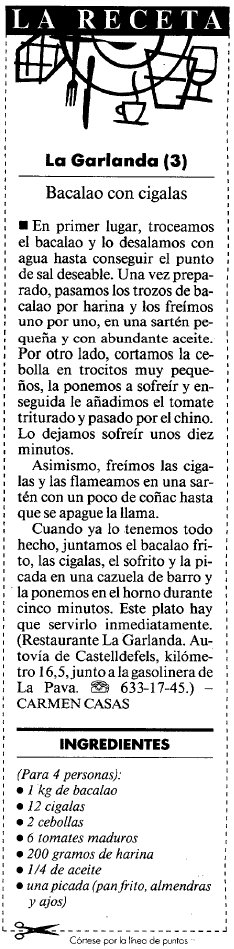 Recepta de bacall amb escamarlans del restaurant 'La Garlanda' de Gav Mar publicada al diari LA VANGUARDIA (5 Abril 1999)
